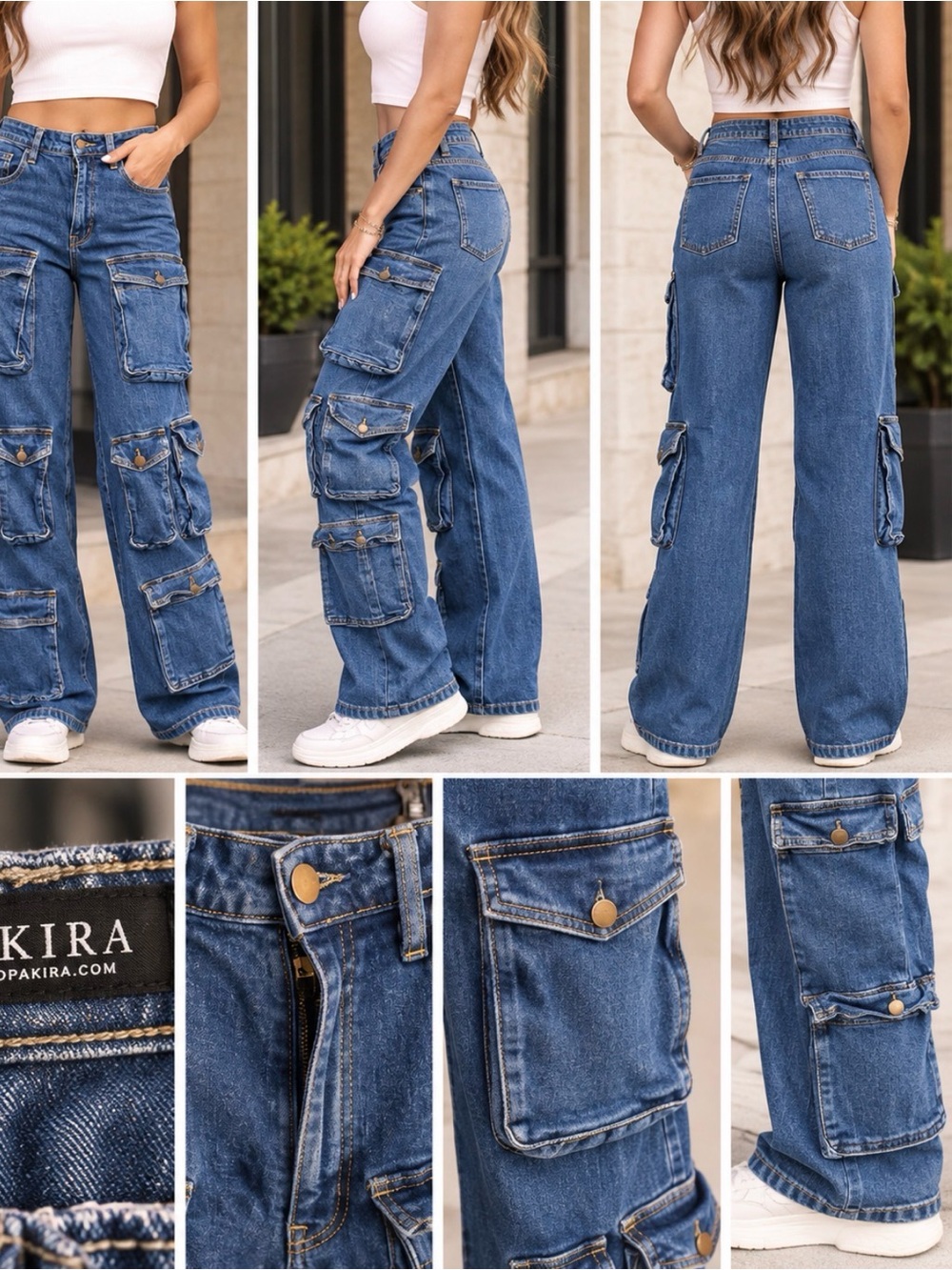 AKira High-Rise Wide-Leg Cargo Jeans in Blue